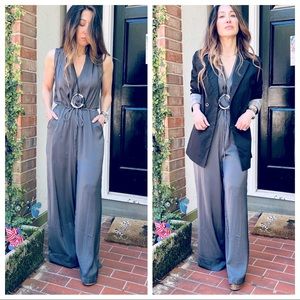 Fabulous grey tie at the waist wide leg jumpsuit